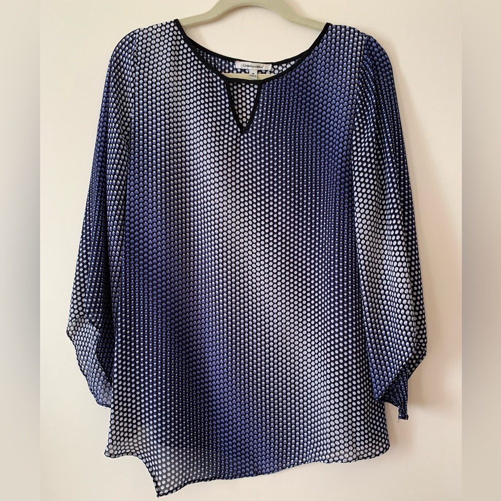 Quintessential Women Tunic Purple Dot Print Asymmetrical Semi Sheer 3/4 Sleeve M